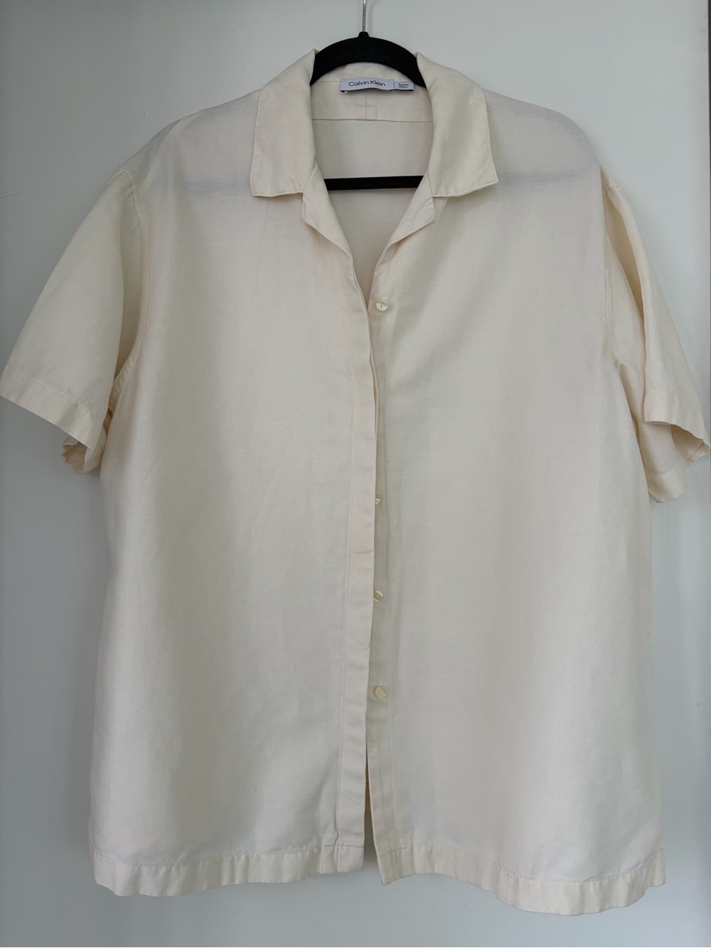 Calvin Klein thick Cotton Linen blend short sleeve button up cream shirt Size XL